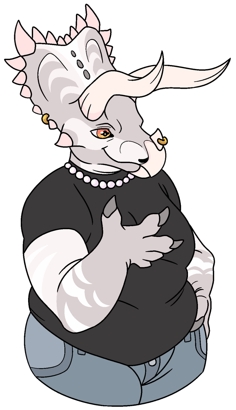 A sketched halfbody of an anthropomorphic coahuilaceratops, wearing a black T-shirt, pale jeans, and a pearl necklace. She wears piercings on her frill and nose horn.